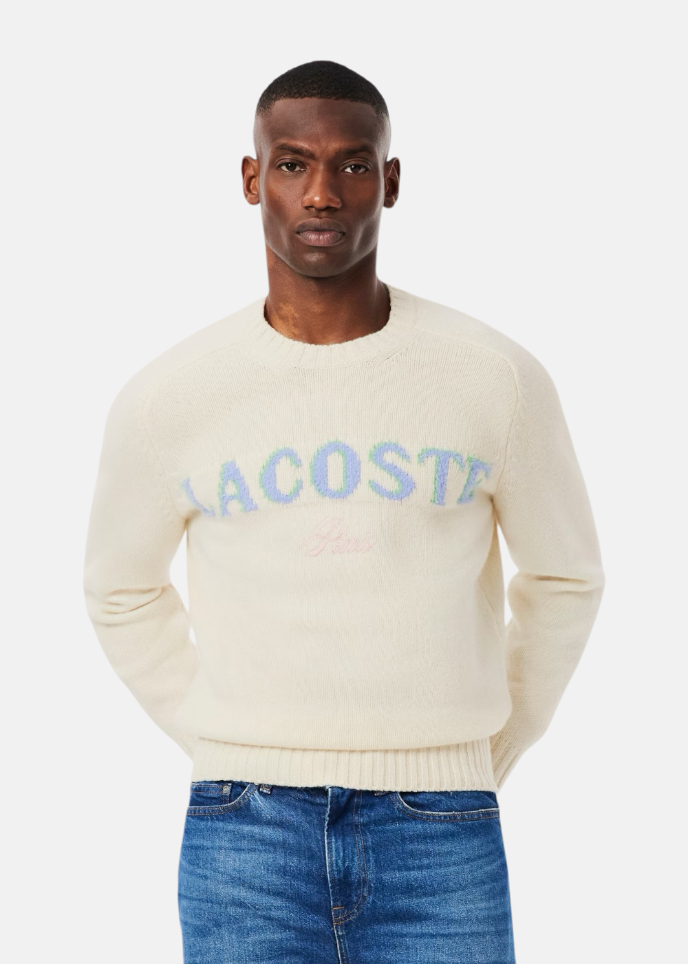 Pull laine cardée marquage intarsia & logo - beige