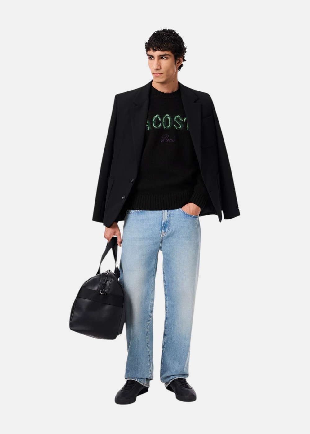 Pull laine cardée marquage intarsia & logo - noir