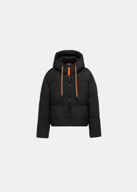 Doudoune courte à capuche Gertrude Lindsay noir mat avec cordons orange vue de face
