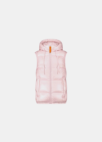 Vue de face à plat de la doudoune sans manches Gertrude Cesar rose glossy avec capuche et cordons de serrage.