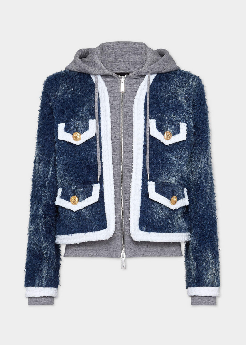 Veste à capuche en denim et fourrure