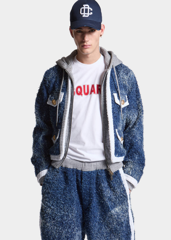 Veste à capuche en denim et fourrure