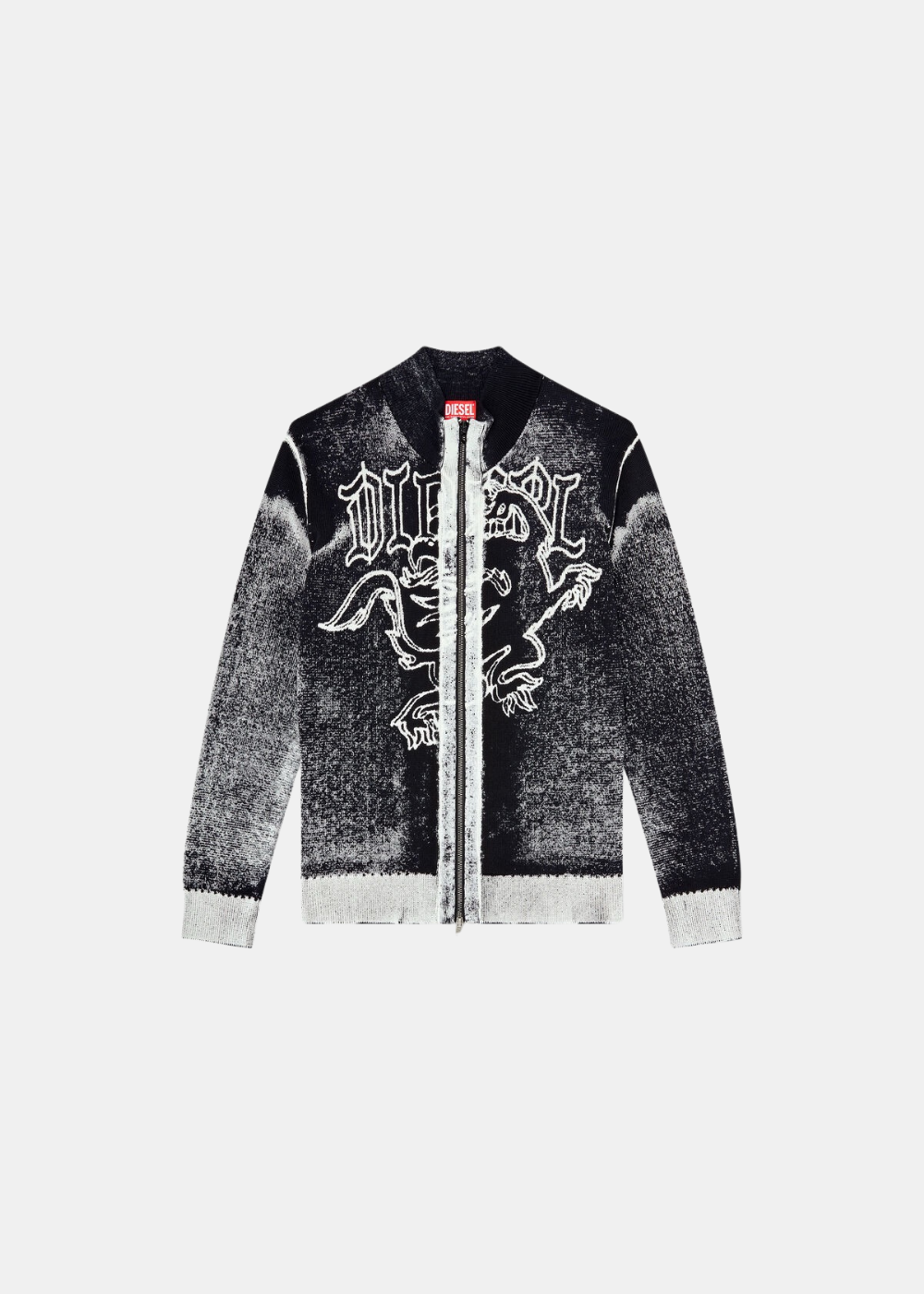 Packshot de face sur fond blanc du cardigan zippé Diesel en maille noire et blanche à motif griffon gothique.