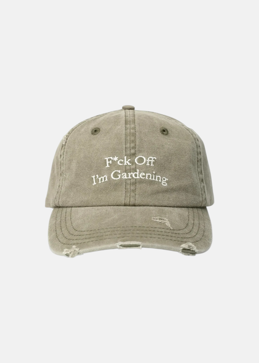 photo vue de face sur un fond blanc de la Casquette bram's fruit fuck off i'm gardening vert olive. Mise en avant de la broderie f*ck off i'm gardening