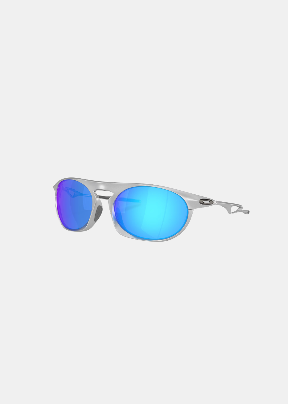Packshot de trois-quarts face de lunettes de soleil Oakley Neo Jacket avec monture argentée et verres miroités bleus