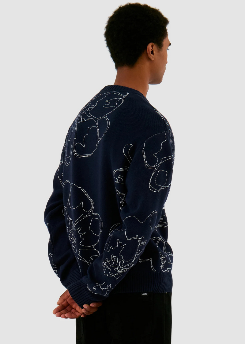 Pull en maille brodé Flower - Bleu Marine