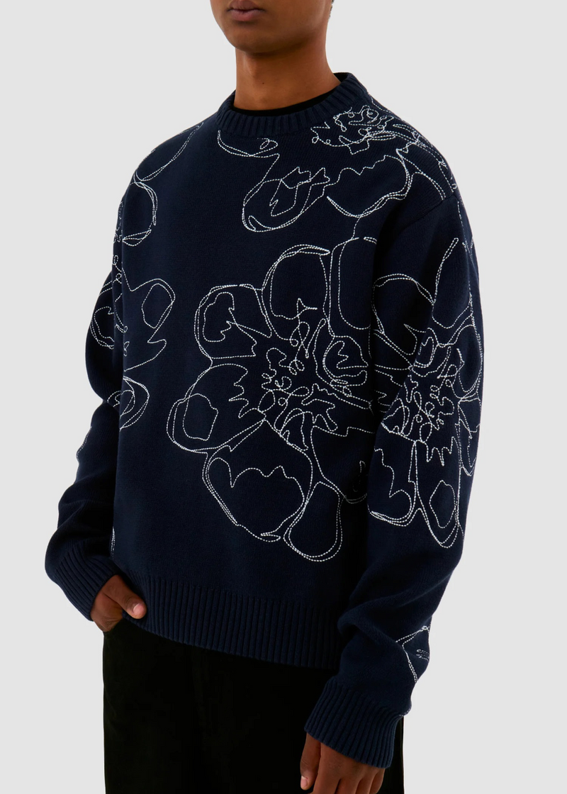 Pull en maille brodé Flower - Bleu Marine