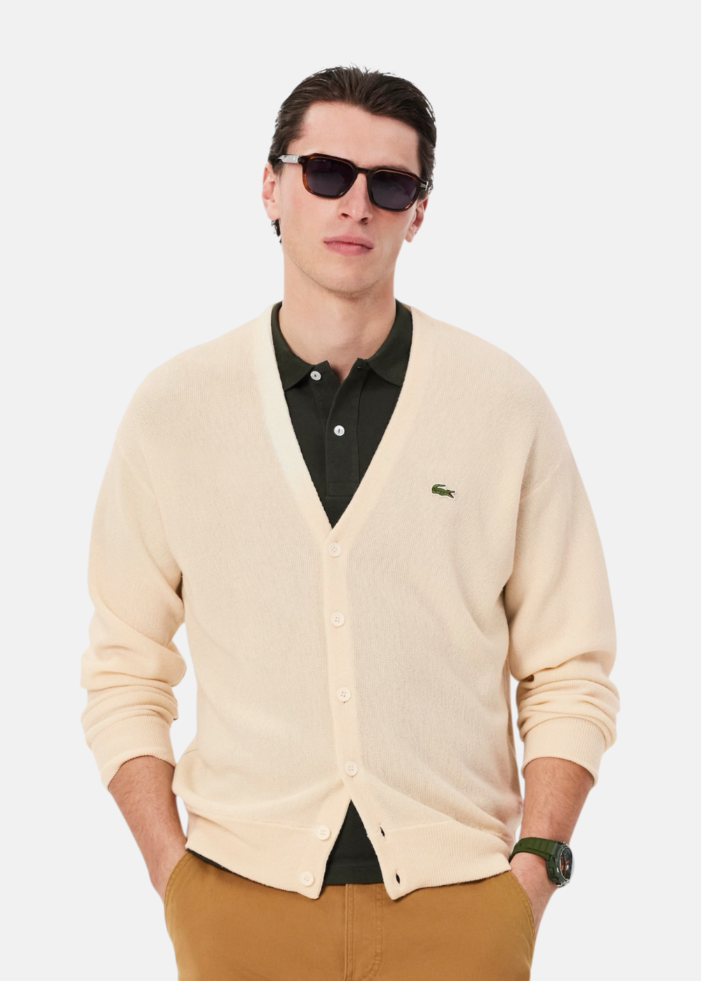 cardigan chaud laine lacoste hiver porté de face 