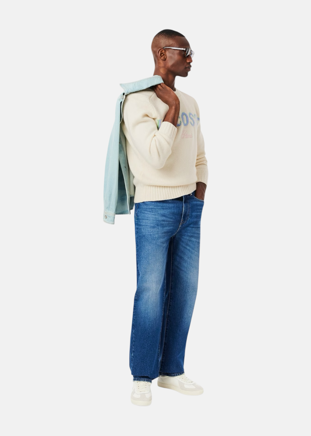 Pull laine cardée marquage intarsia & logo - beige