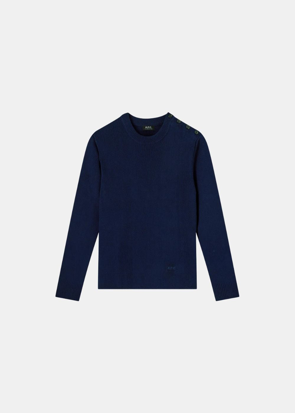 vue de face sur fond blanc du Pull APC marin bleu marine en coton