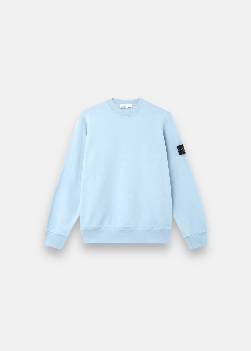 vue de face sur fond blanc du Sweat Stone island bleu avec patch compas
