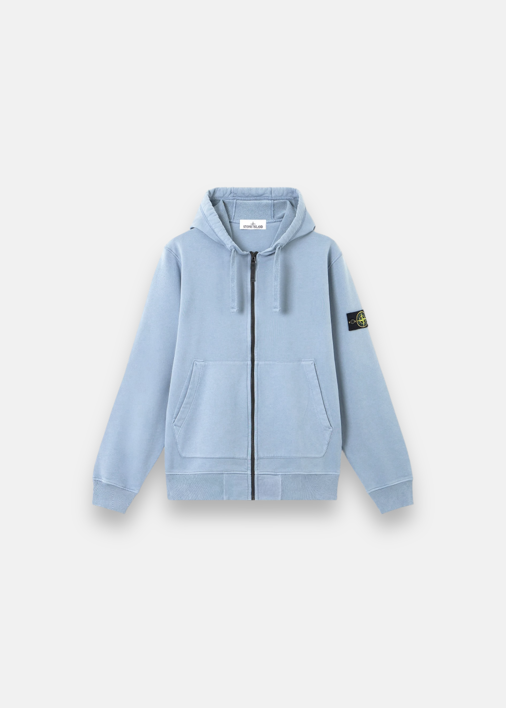 Vue de face a plat sur fond blanc du Sweat a capuche Stone Island zippé bleu ciel