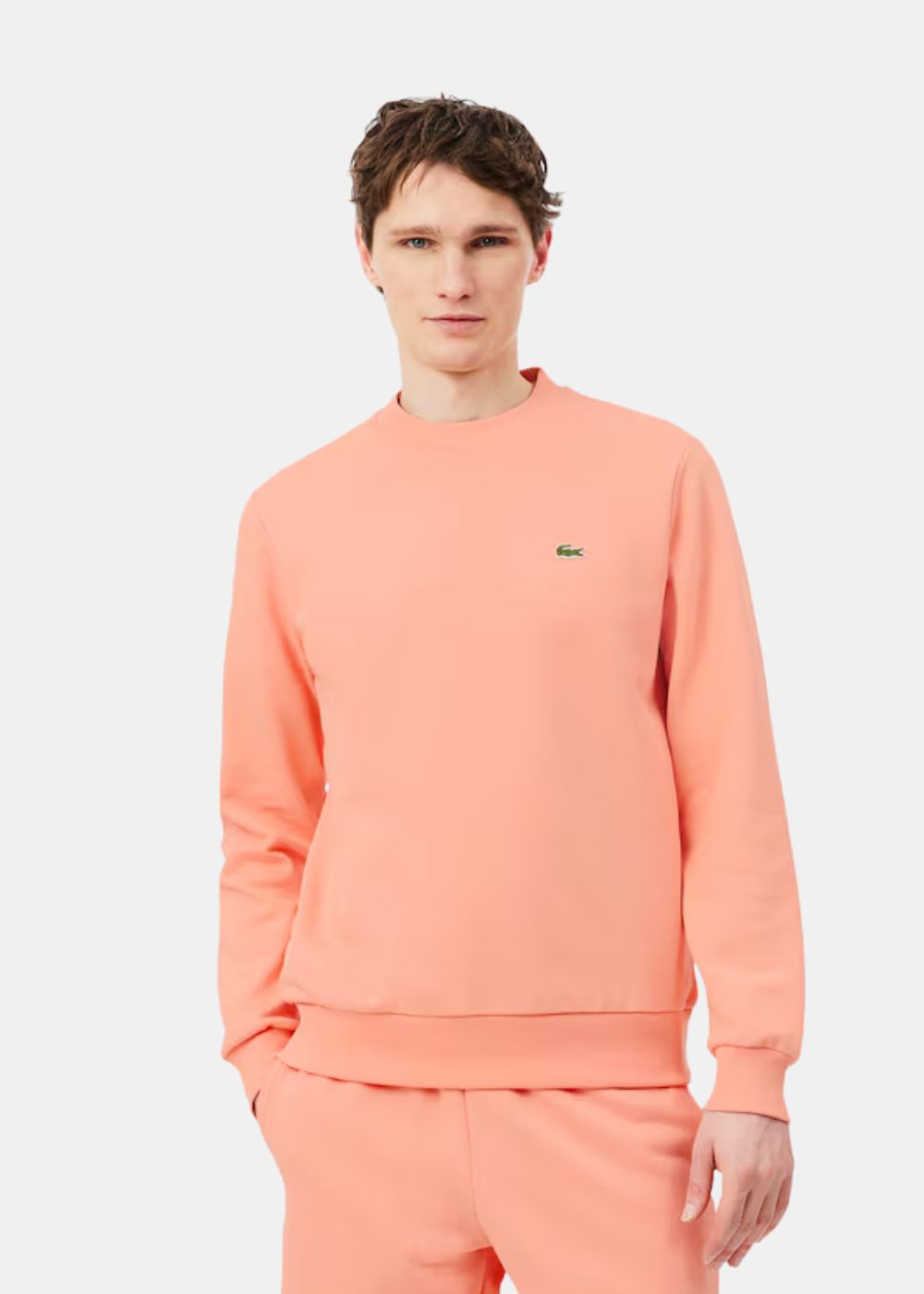 Sweatshirt Lacoste iconique - rose corail porté par un mannequin de face