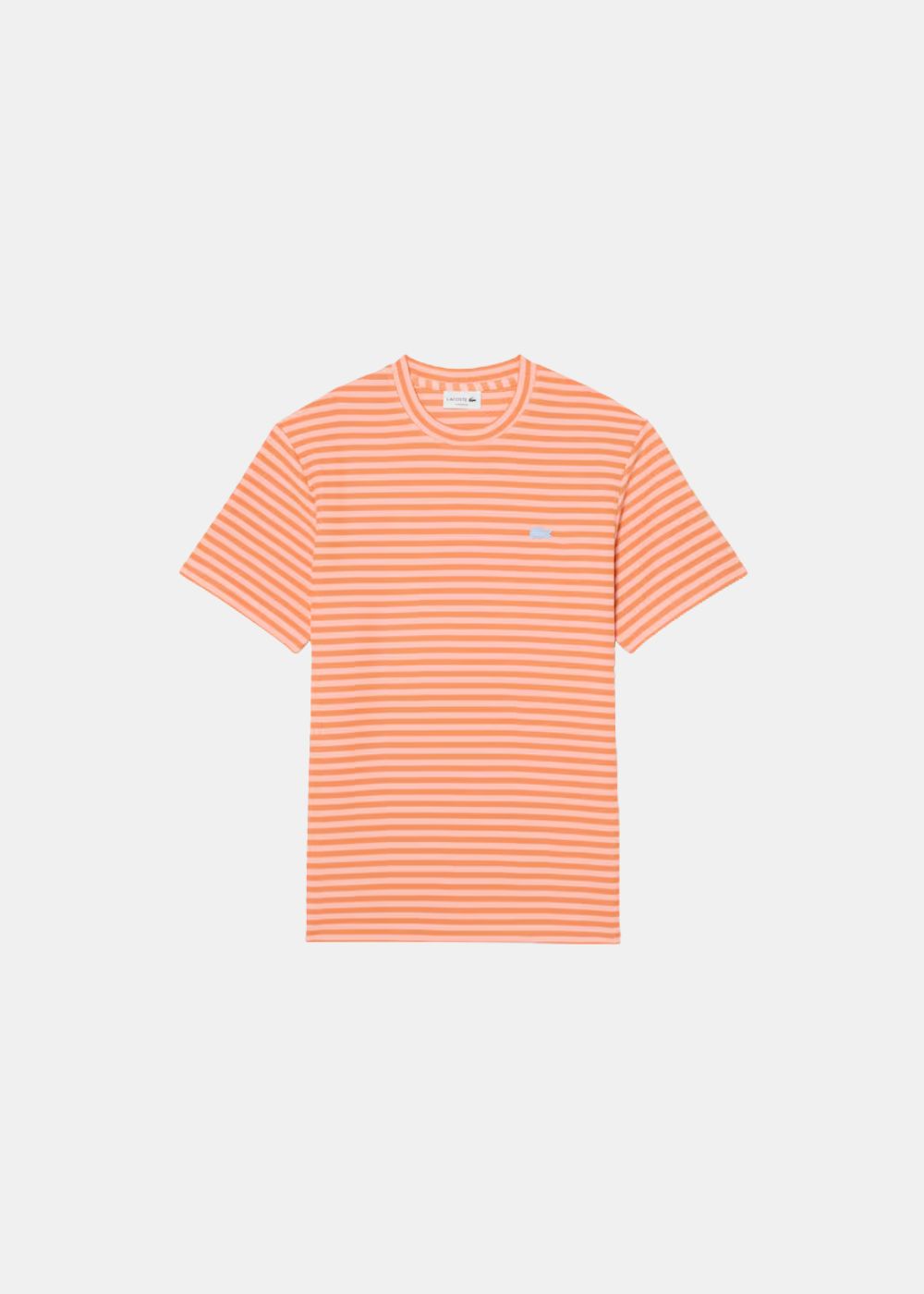 vue de face sur fond blanc du T-shirt Lacoste à rayures - orange