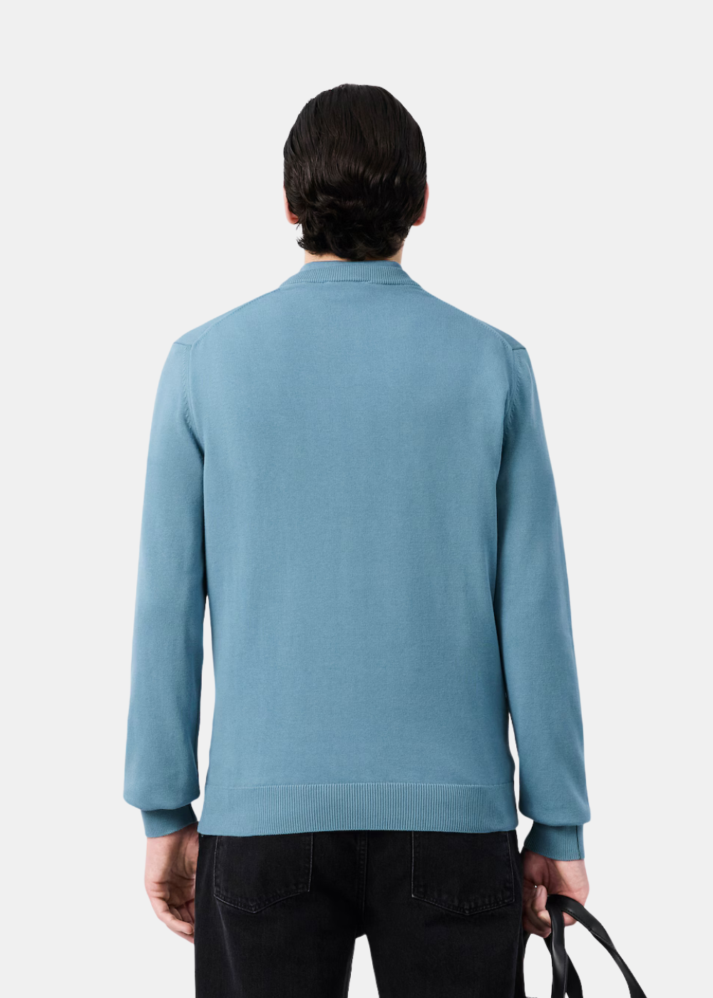 Vue de dos du pull col rond Lacoste bleu gris coupe classique en jersey de coton.