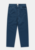 Vue de face du pantalon coupe droite bleu marine Arte-Antwerp avec passants de ceinture et rivets métalliques.