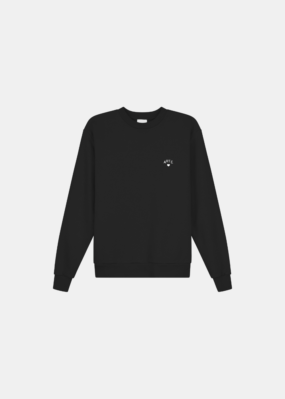 Sweatshirt col rond noir Arte-Antwerp avec broderie logo ARTE et petit cœur blanc sur la poitrine.
