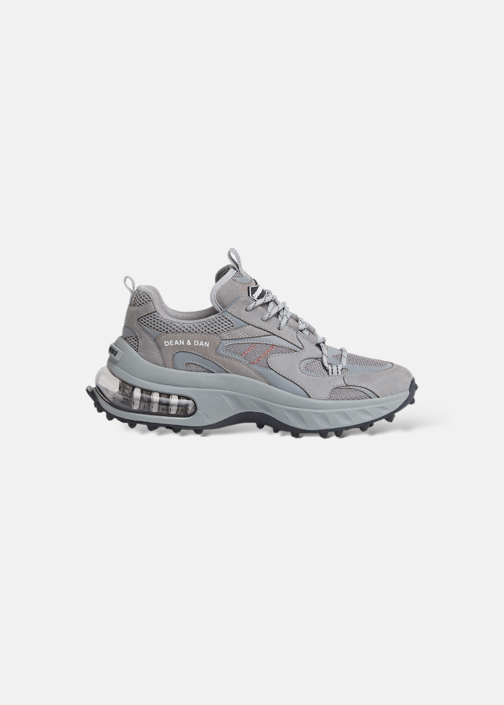 Paire de baskets Dsquared2 Bubble gris fer en maille et daim, vue de profil extérieur sur fond uni blanc.