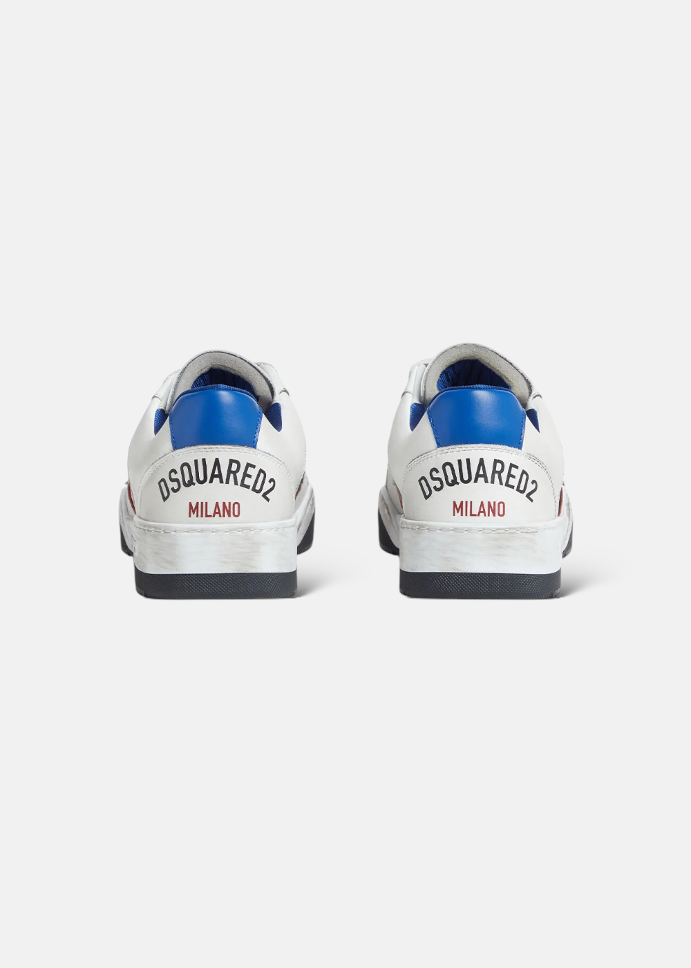 Vue arrière de la paire de baskets Dsquared2 Spiker montrant le talon bleu et l'inscription Dsquared2 Milano.