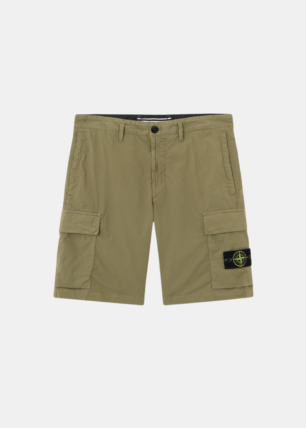 Bermuda cargo kaki Stone Island en coton extensible avec poches zippées et coupe regular, vue de face.