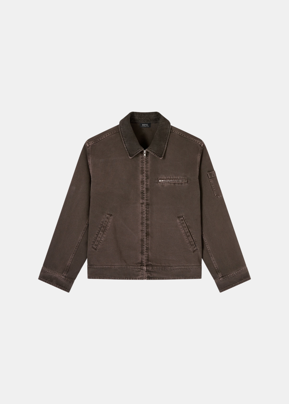 Blouson Homme A.P.C. workwear en toile de coton marron avec col velours et poche zippée vue de face