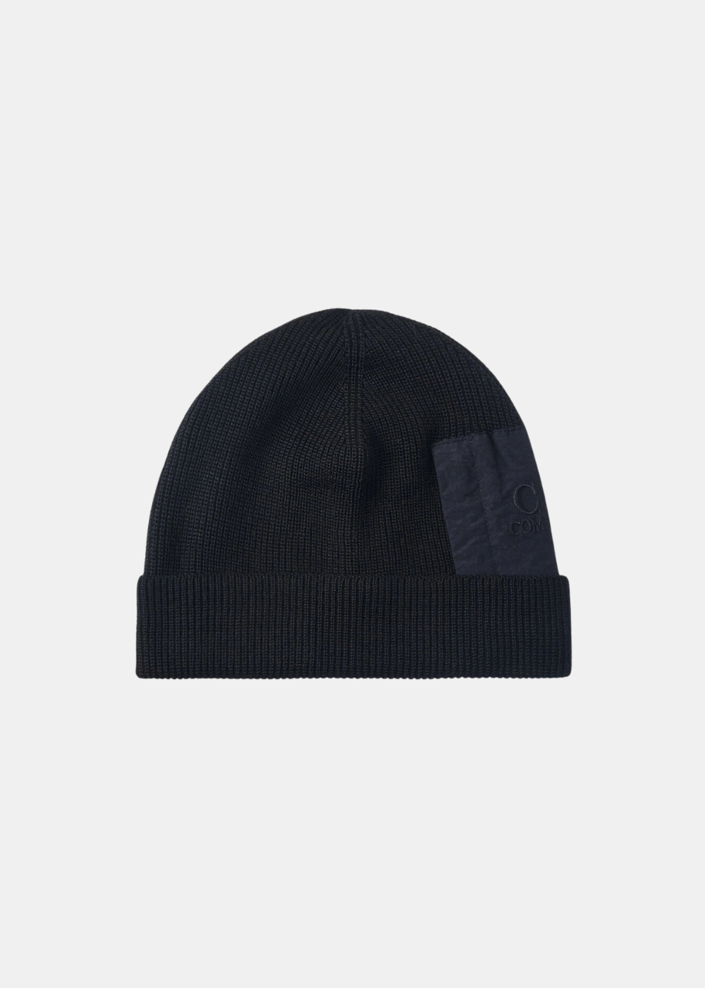 Bonnet C.P. Company en laine mérinos noire à revers avec poche zippée et logo ton sur ton vue de face