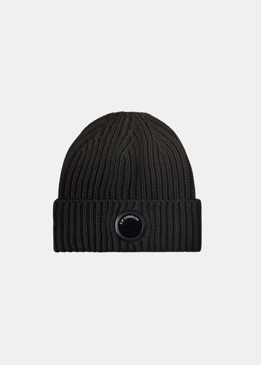 Bonnet C.P. Company Merino Wool Lens noir à maille côtelée et revers vue de face