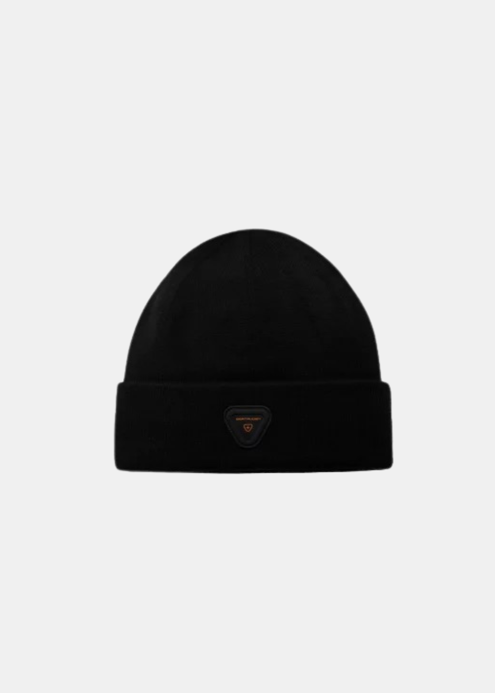 packshot à plat du bonnet en maille noir Gertrude avec revers et patch en silicone triangulaire orange et noir sur le devant.