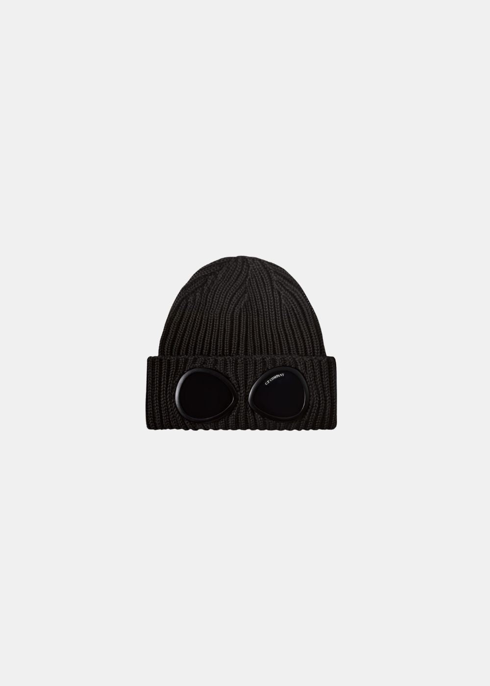 Bonnet Homme C.P. Company Goggle noir en maille de laine avec rebras et verres de lunettes intégrés vue de face