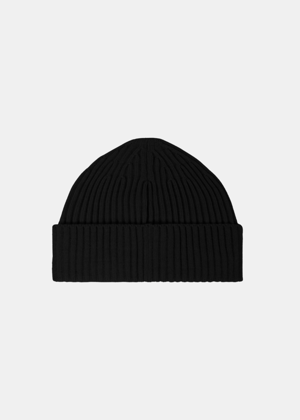Packshot de dos d'un bonnet en maille côtelée noir Stone Island avec un large revers uni.