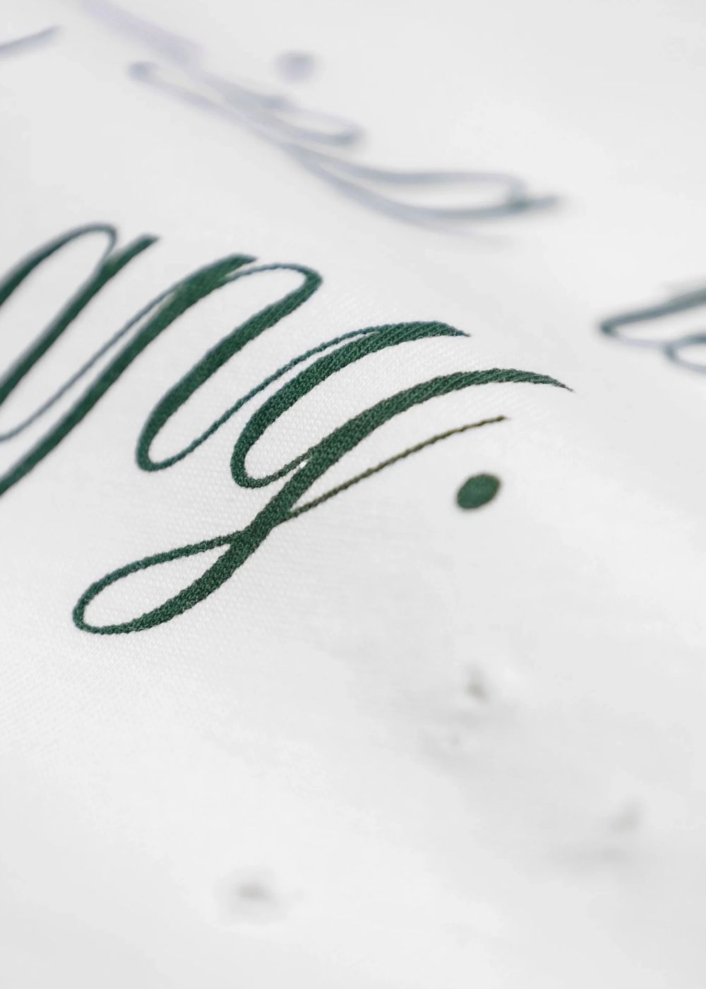 Gros plan sur le graphisme vert "Gardening is my Therapy" en calligraphie sur le t-shirt blanc Bram's Fruit