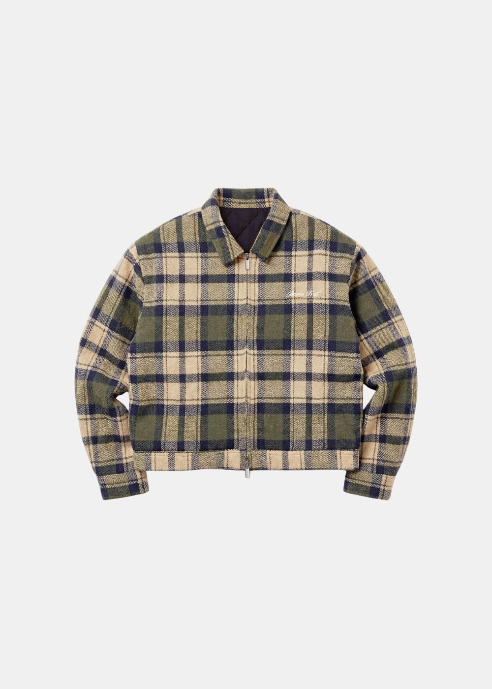 Veste Homme Bram's Fruit zippée à carreaux vert, beige et bleu marine vue de face