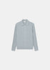 Packshot de face du cardigan Lacoste bleu gris à col polo en maille fluide fine côtes.