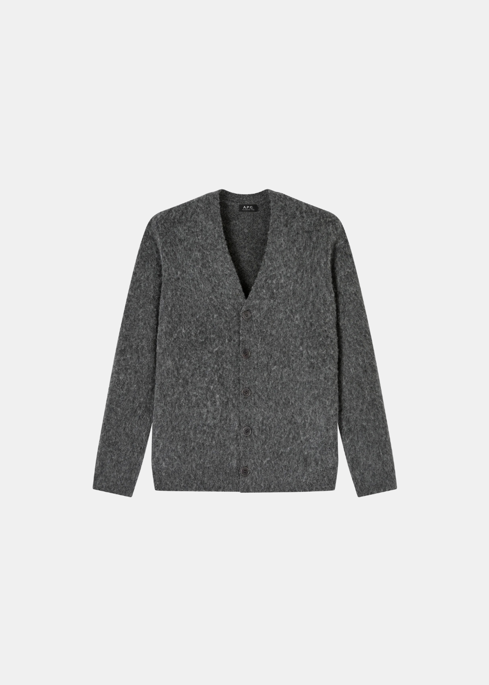 Cardigan Homme A.P.C. en laine alpaga col V gris anthracite à boutons vue de face