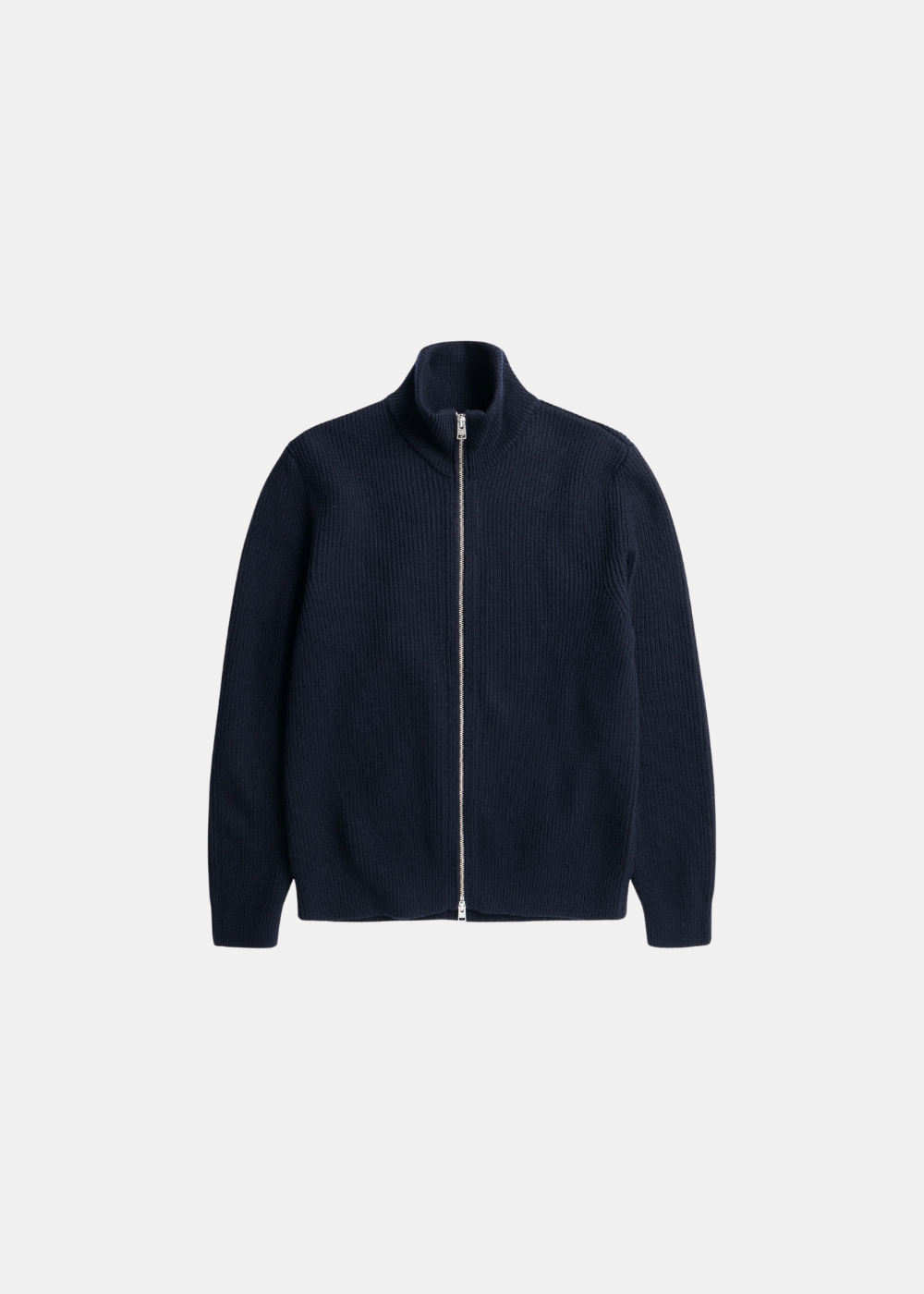 Packshot de face du cardigan zippé homme Norse Projects Hagen en laine bleu marine à plat