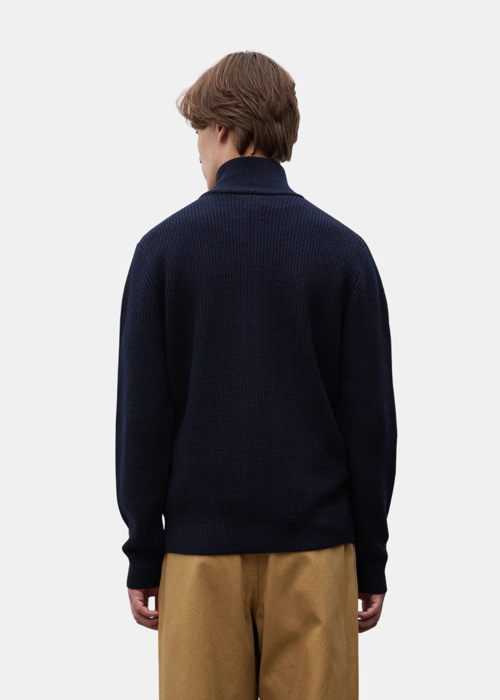 Vue de dos du cardigan zippé homme Norse Projects Hagen en laine bleu marine