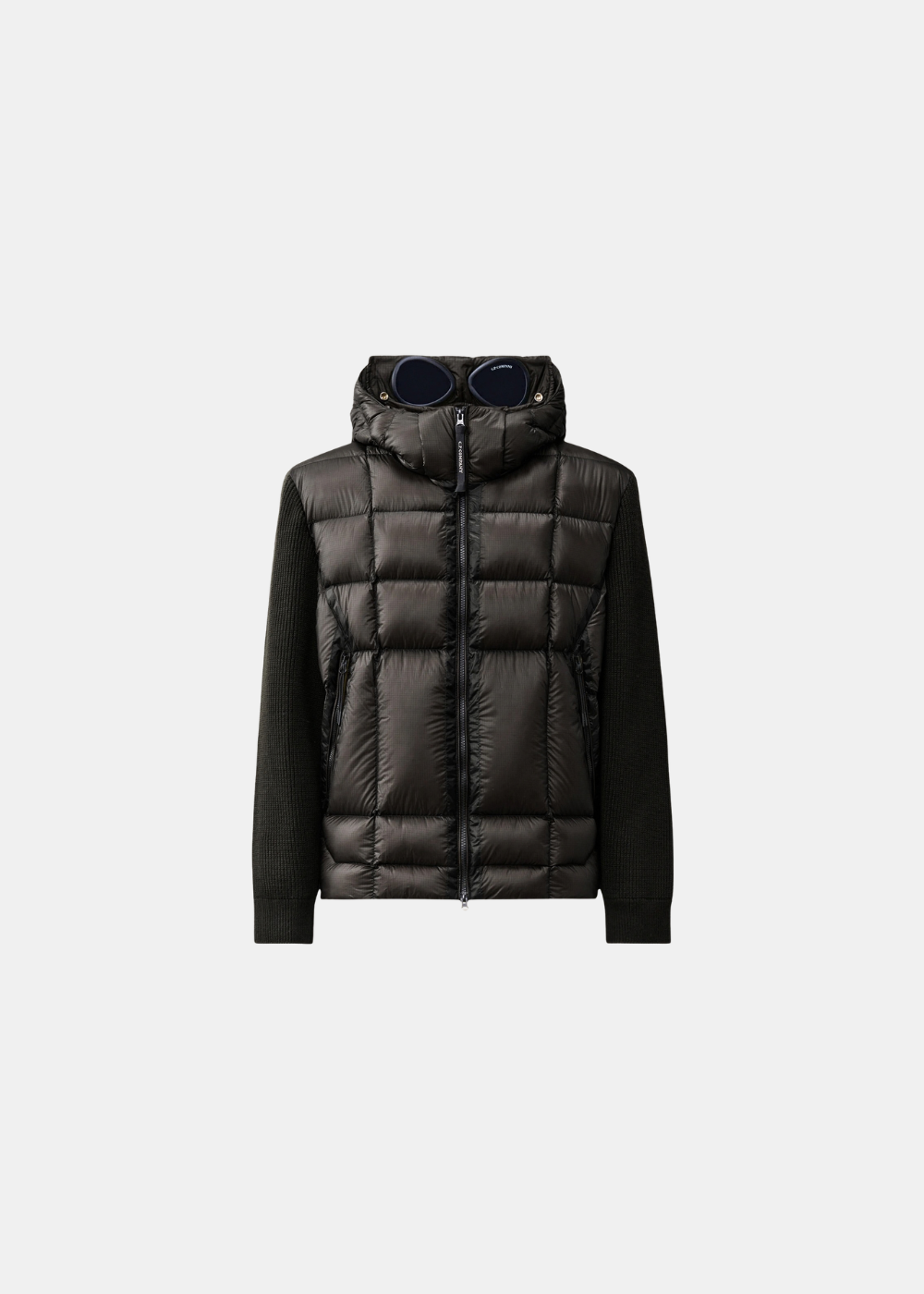 Cardigan zippé hybride C.P. Company en laine mérinos et matelassage D.D. Shell noir à capuche Goggle vue de face