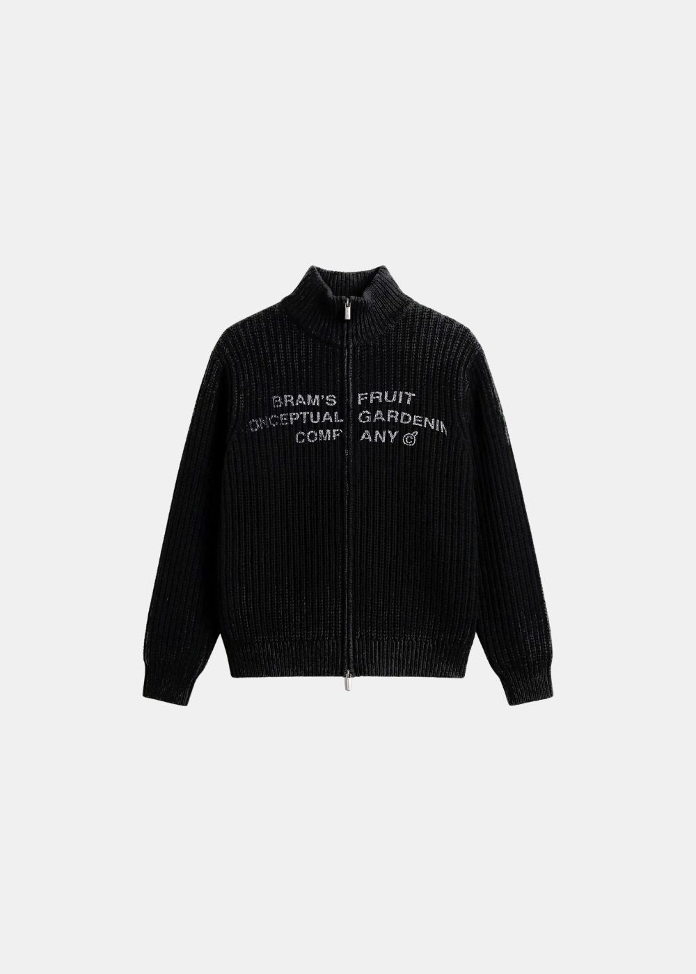 Cardigan zippé Homme Bram's Fruit Stamp Knit noir en maille côtelée avec typographie sur la poitrine vue de face