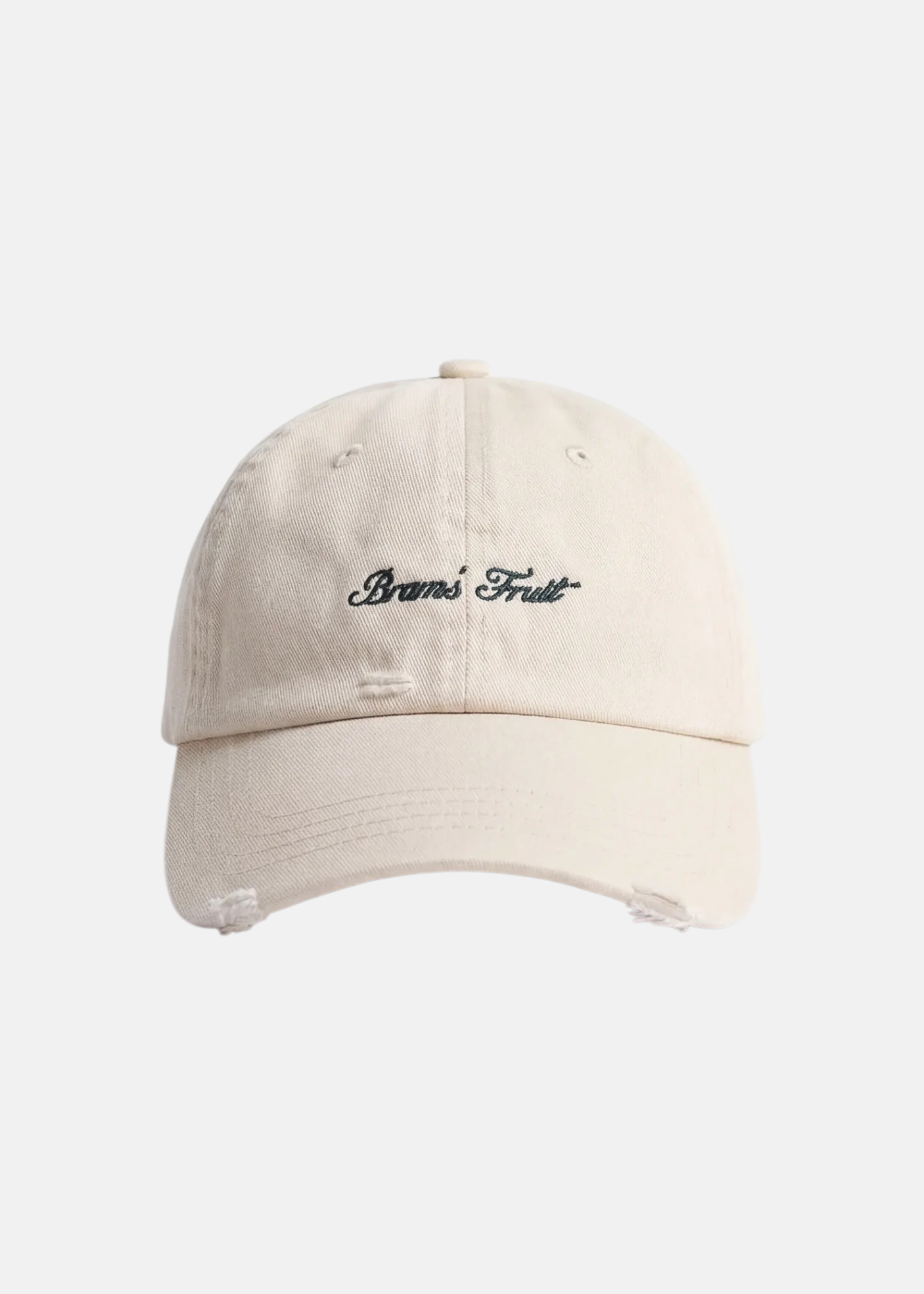 photo vue de face sur fond blanc de la casquette beige brams fruit logo script