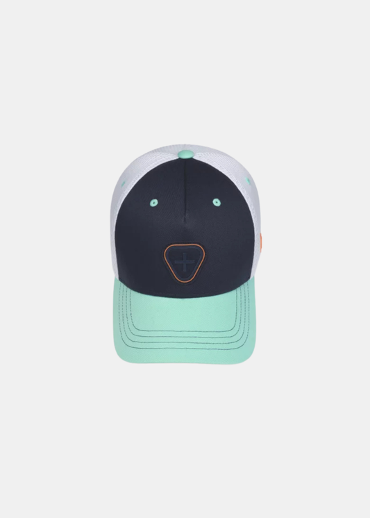 cette photo montre la casquette gertrude 2 tones coloris marine et menthe de haut sur un fond blanc