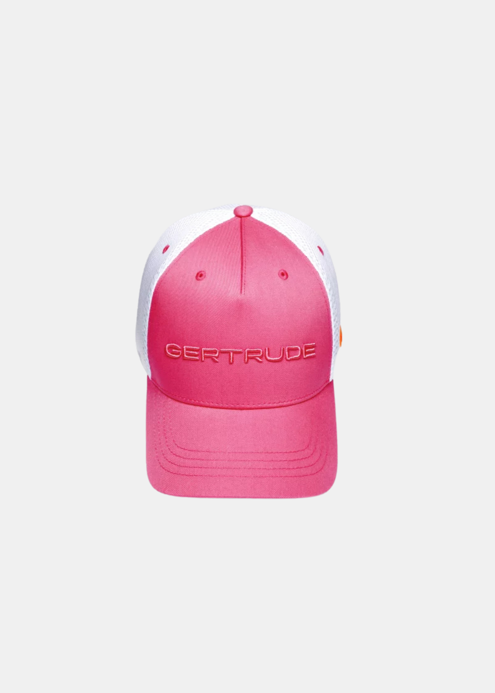 vue de haut de la casquette gertrude benja rose fushia. mis en avant de la broderie Gertrude