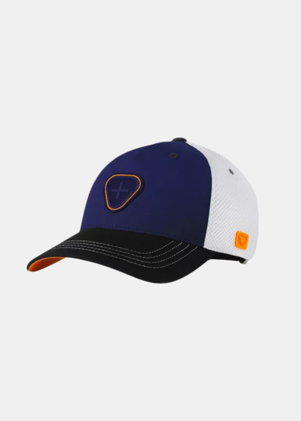 cette photo montre la casquette gertrude marine et orange vue de face sur un fond blanc