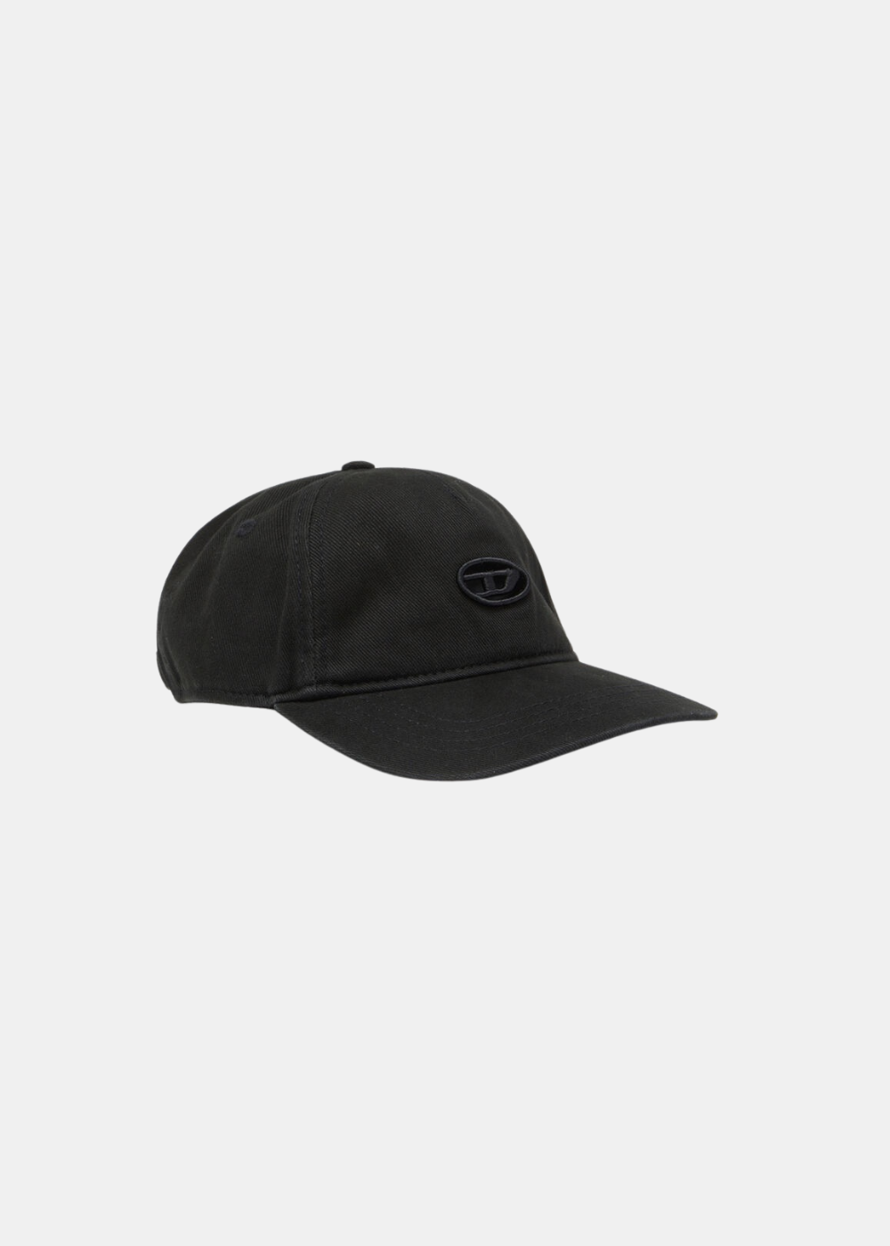 Casquette noire Diesel C-BELL-D en sergé de coton avec le logo Oval D brodé sur le devant, vue de trois quarts face