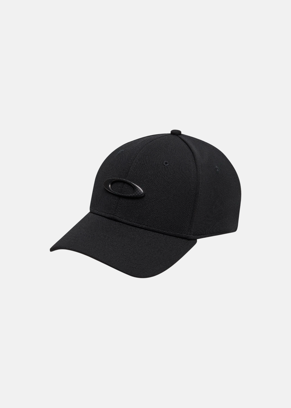 Casquette Oakley Tincan noire vue de face avec visière incurvée et logo ellipse métallique fixé sur la calotte