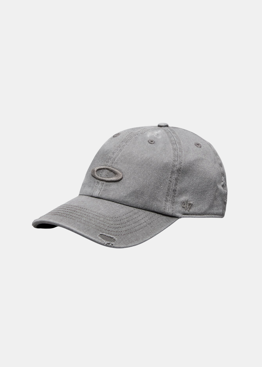 Casquette Oakley '47 Reserve Distressed en coton gris vue de trois-quarts avec broderie '47 et effets d'usure