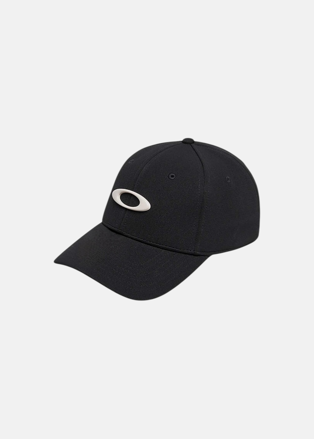photo vue de face de la casquette oakley noire logo metallique blanc model tincan. 