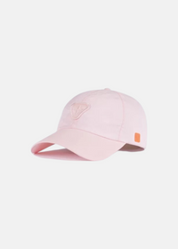 Vue de trois-quart de la casquette Gertrude Jaron rose pâle en nylon avec écusson logo frontal