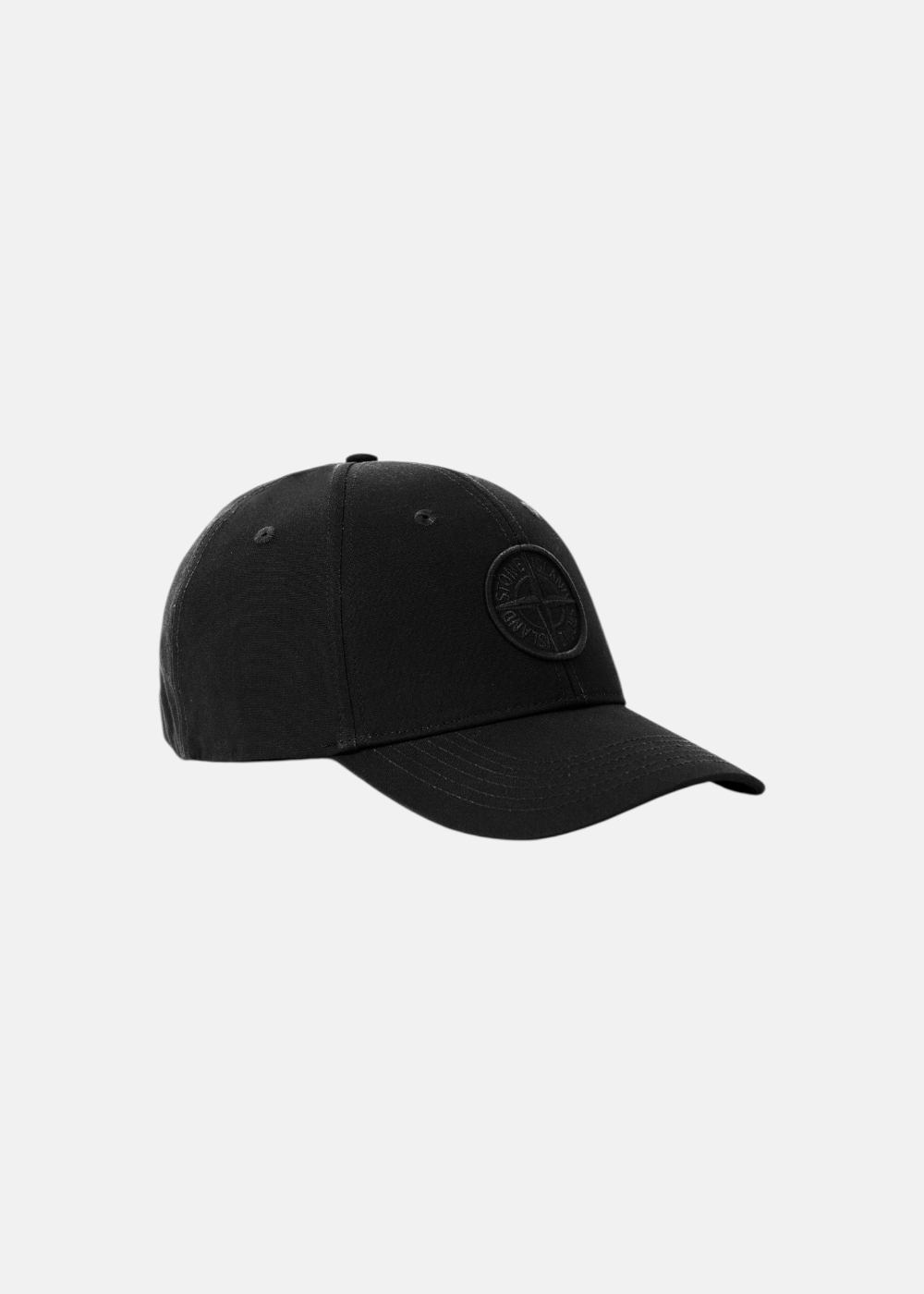 Casquette Stone Island noire pour homme, logo Stone Island brodé noir sur l'avant, vue de profil.