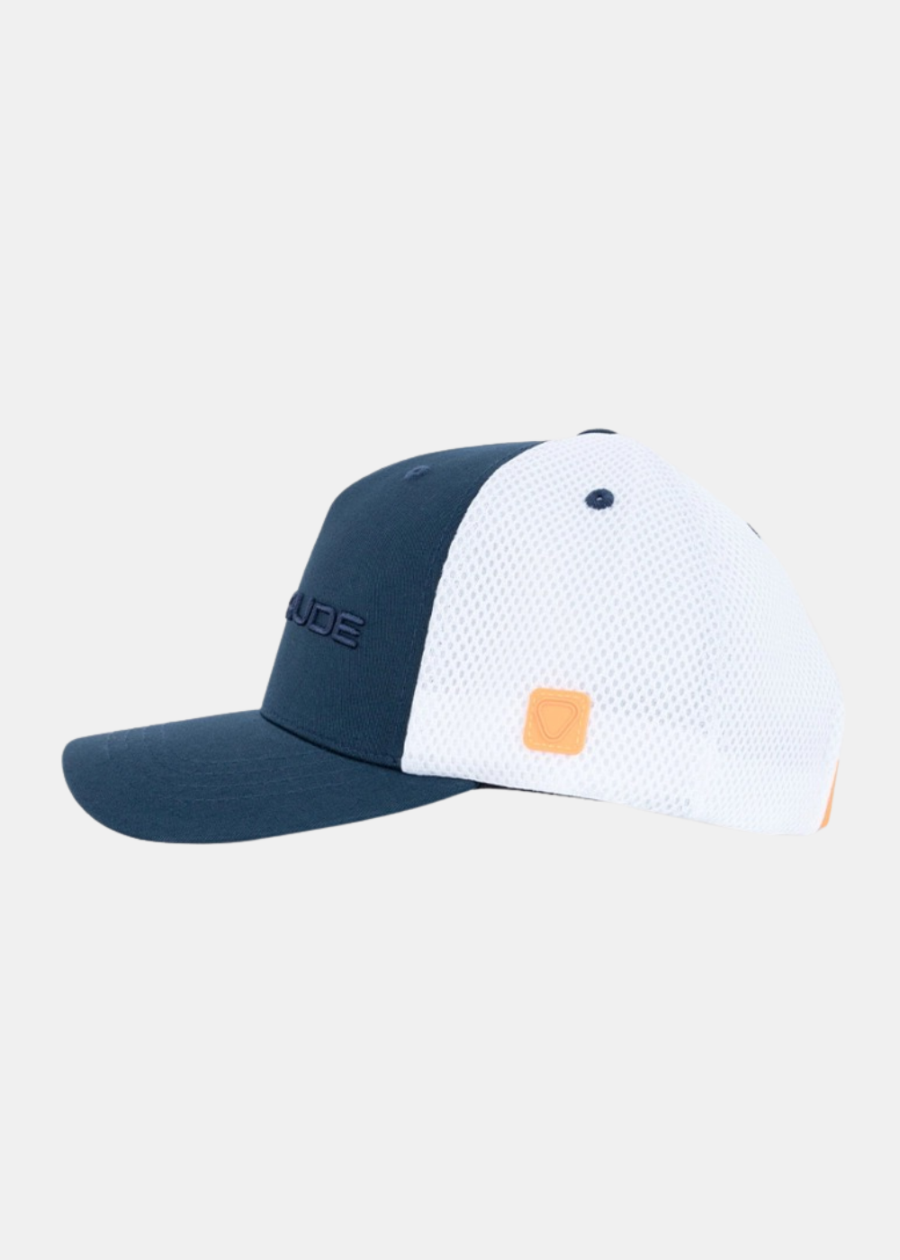 Vue de profil gauche de la casquette trucker Gertrude bleu marine et blanche avec patch orange appliqué sur le côté