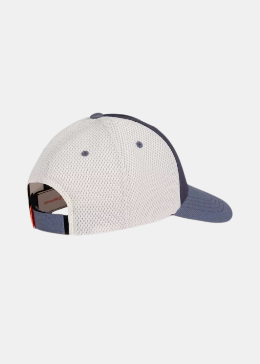 Vue en trois-quarts avant de la casquette trucker Gertrude bleu marine et gris avec visière courbée et patch orange sur le côté